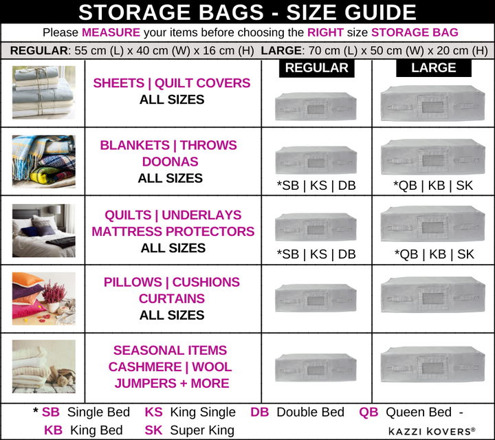 Kazzi Kovers Size Guide | Light Grey Storage Bags