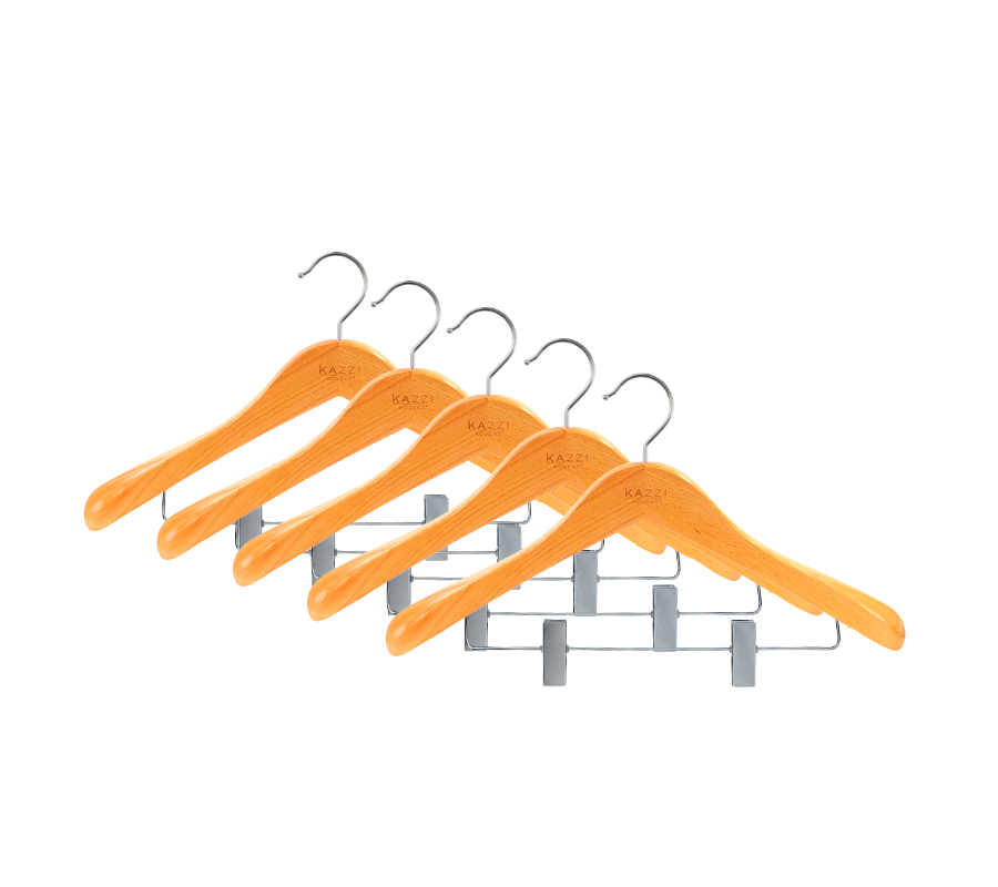 5PK wood hangers with strong clips for all types of garments