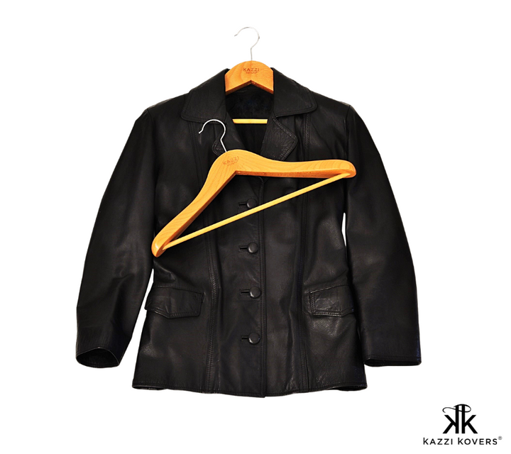 Proper leather jacket wooden hanger with contoured shoulders