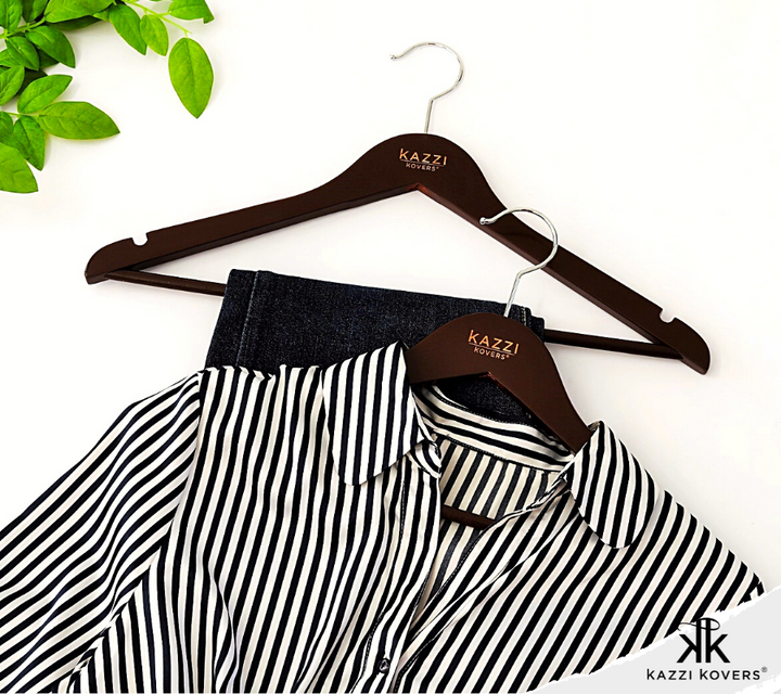 Jeans and striped shirt with walnut hangers