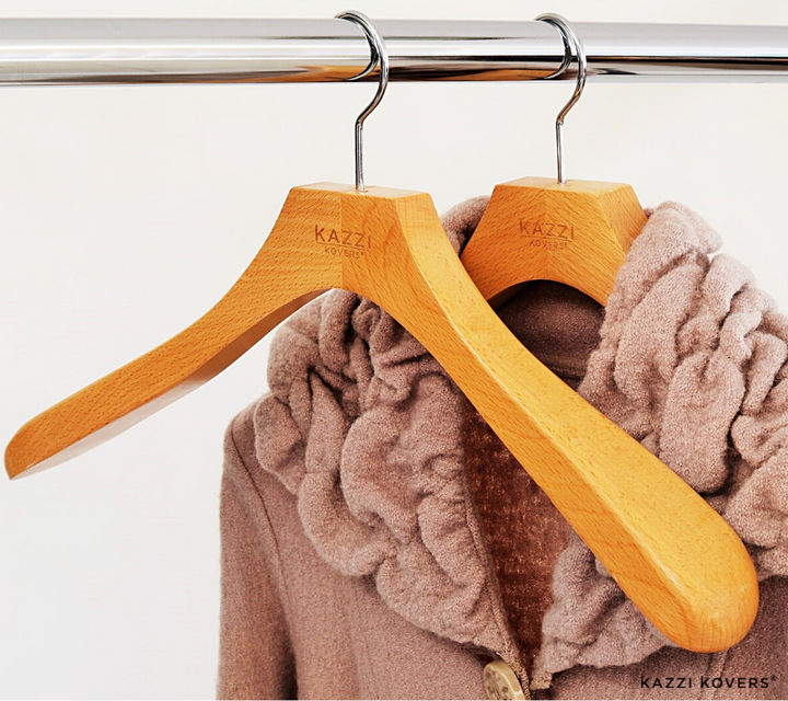 Winter coat with solid natural wooden hangers