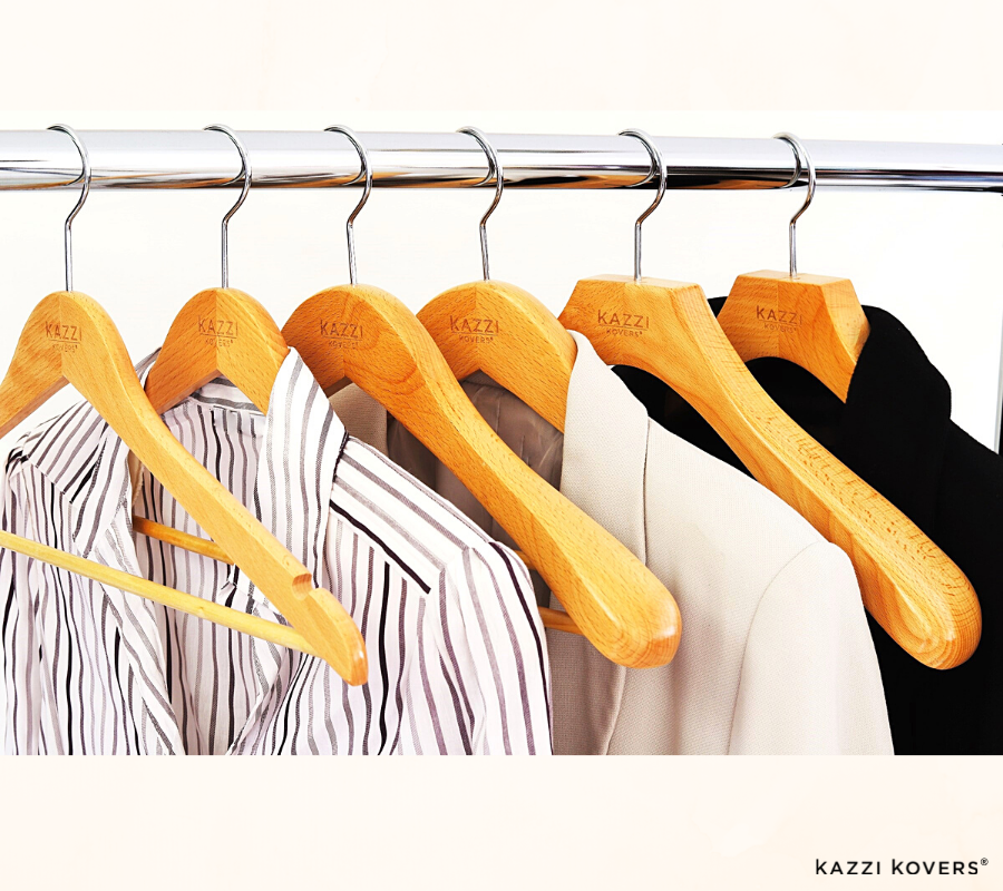 Various FSC® 100% certified natural wood hangers with garments | Kazzi Kovers