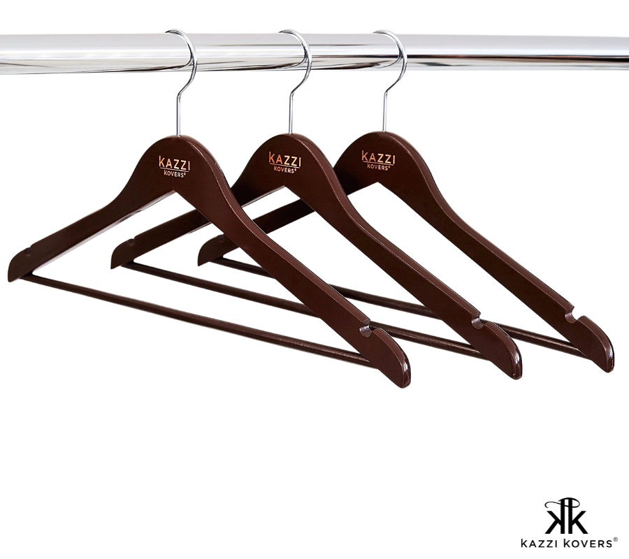 Classic wooden clothes hangers in a walnut colour