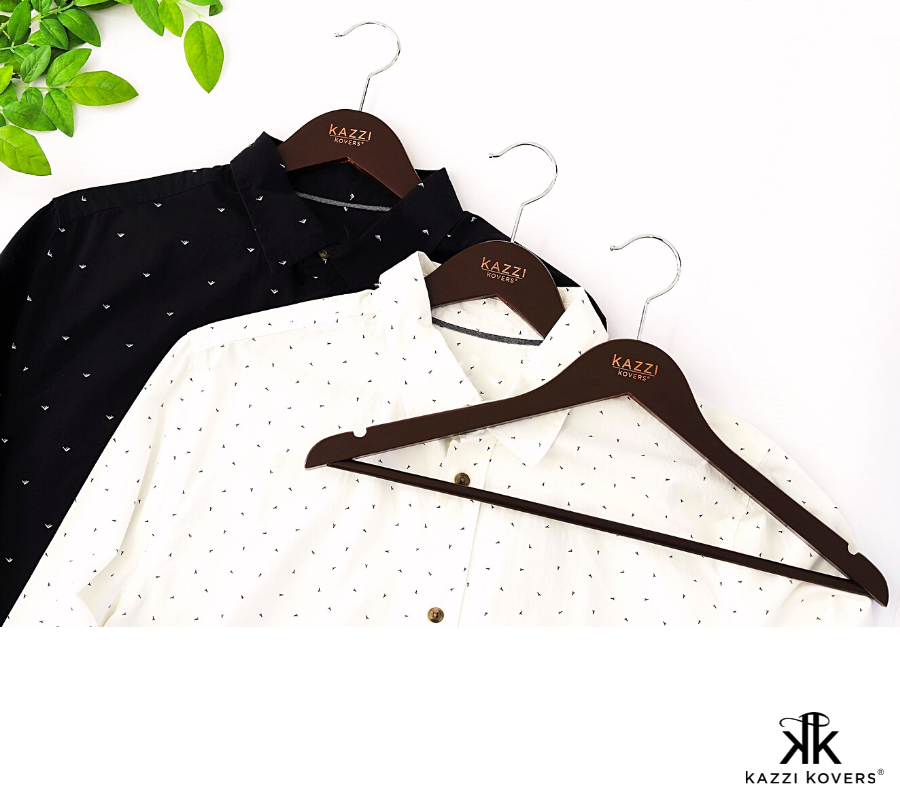 Patterned mens shirts with Kazzi Kovers wooden hangers