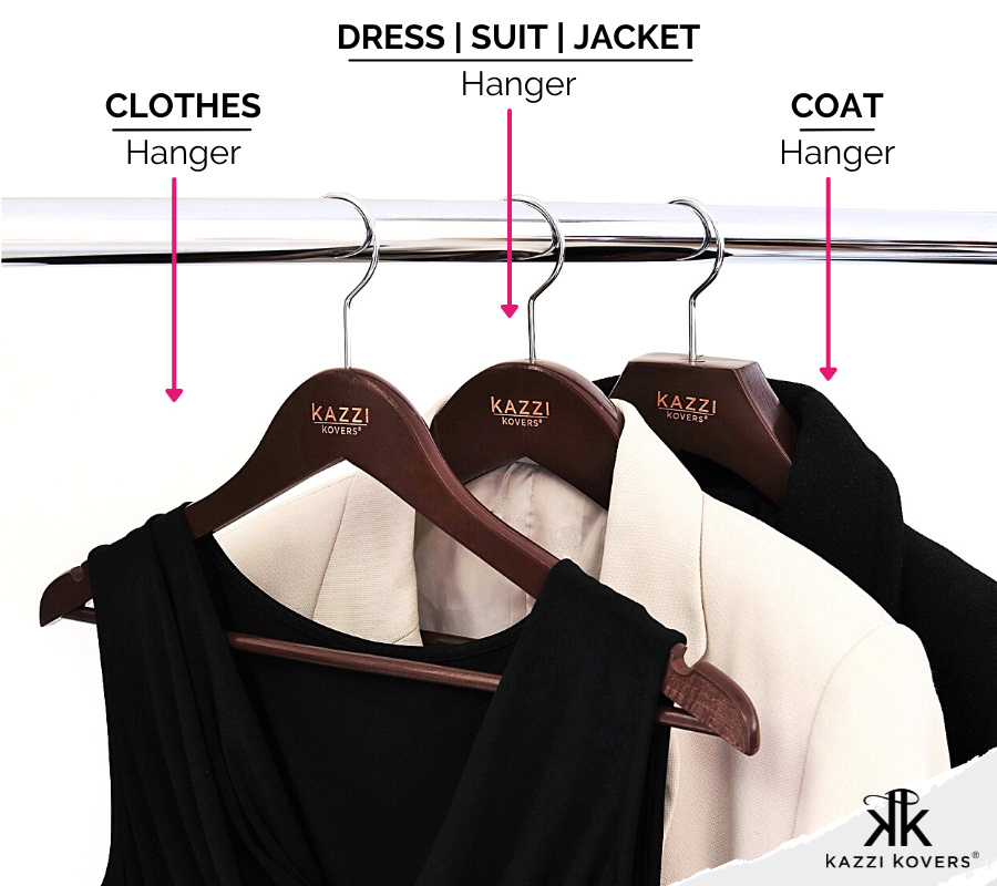 Walnut wooden hangers with different size garments | Kazzi Kovers