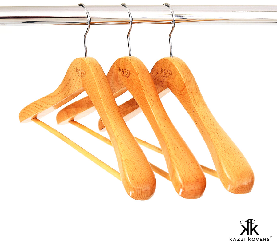 Kazzi Kovers solid beech wooden hangers with contoured shoulders, wooden bar and 360° swivel head