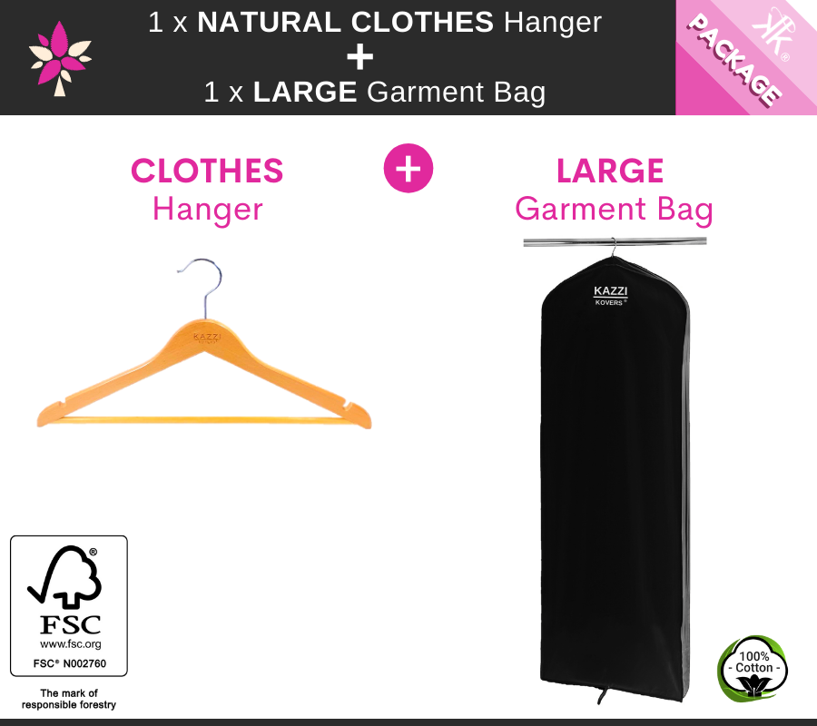 1 x LARGE Black Garment Bag + 1 x Natural CLOTHES Hanger PACKAGE