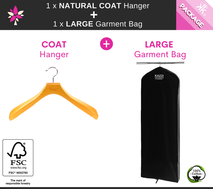 1 x LARGE Black Garment Bag + 1 x Natural COAT Hanger Package