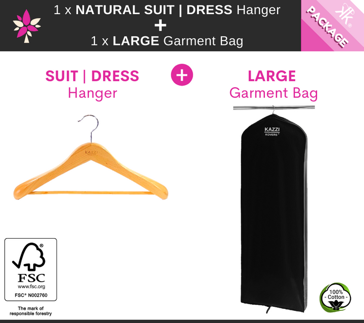 1 x LARGE Black Garment Bag + 1 x Natural SUIT DRESS Hanger PACKAGE