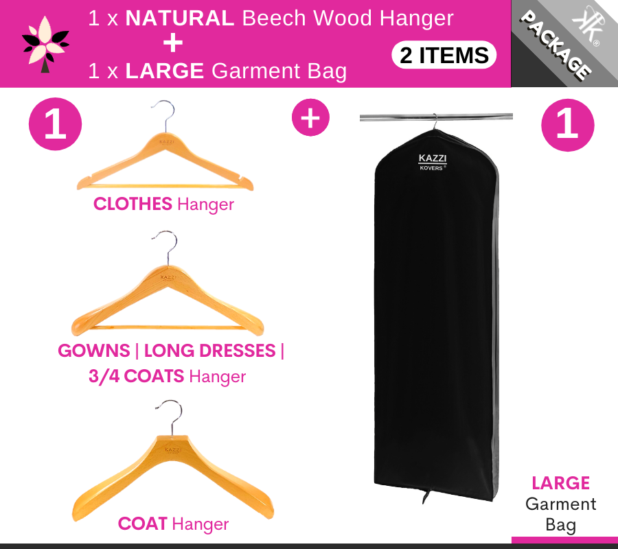 LARGE Black Garment Bag + 1 x NATURAL Hanger | European Beech Wood