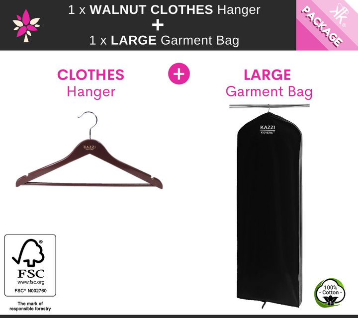 1 x LARGE Black Garment Bag + 1 x Walnut CLOTHES Hanger PACKAGE