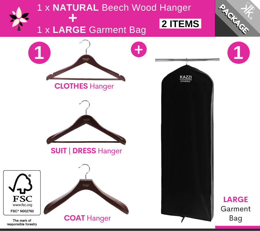 1 x LARGE Black Garment Bag + 1 x WALNUT Hanger | European Beech Wood