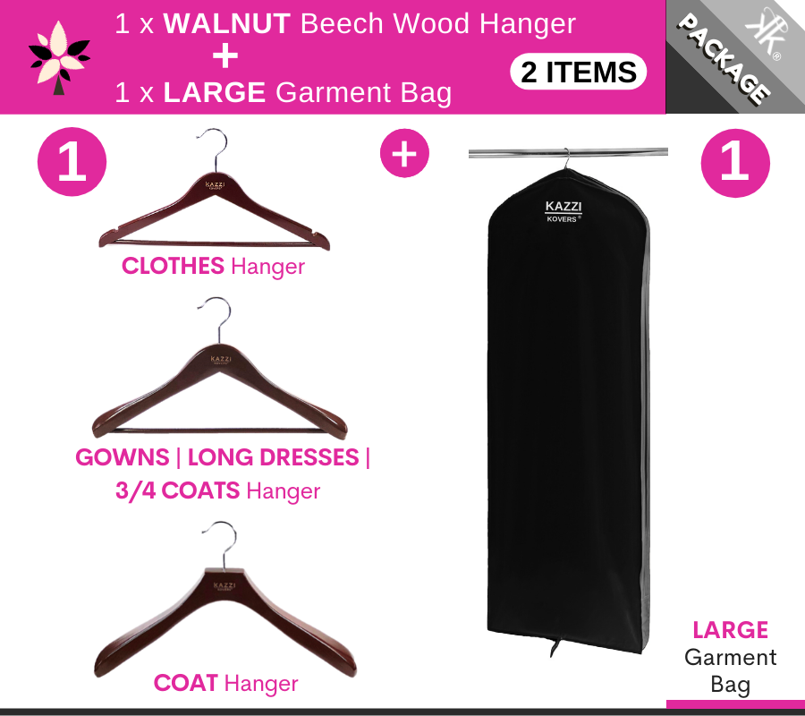 LARGE Black Garment Bag + 1 x WALNUT Hanger | European Beech Wood