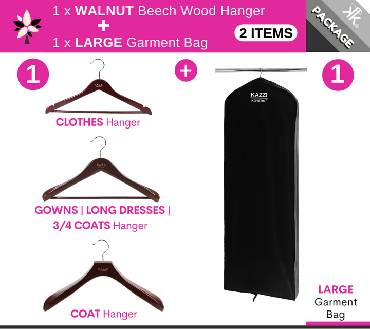 LARGE Black Garment Bag + 1 x WALNUT Hanger | European Beech Wood