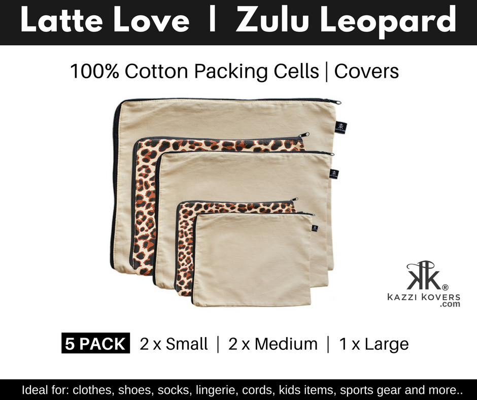 Latte Love and Zulu Leopard print packing cells for suitcases