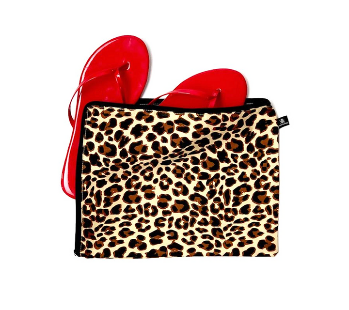 Animal print shoe bag with red shoes