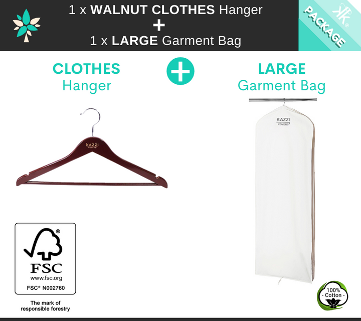 1 x LARGE Garment Bag + 1 x WALNUT CLOTHES Hanger PACKAGE