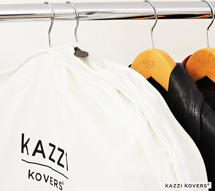 Long Kazzi Kovers garment bag with wooden hangers