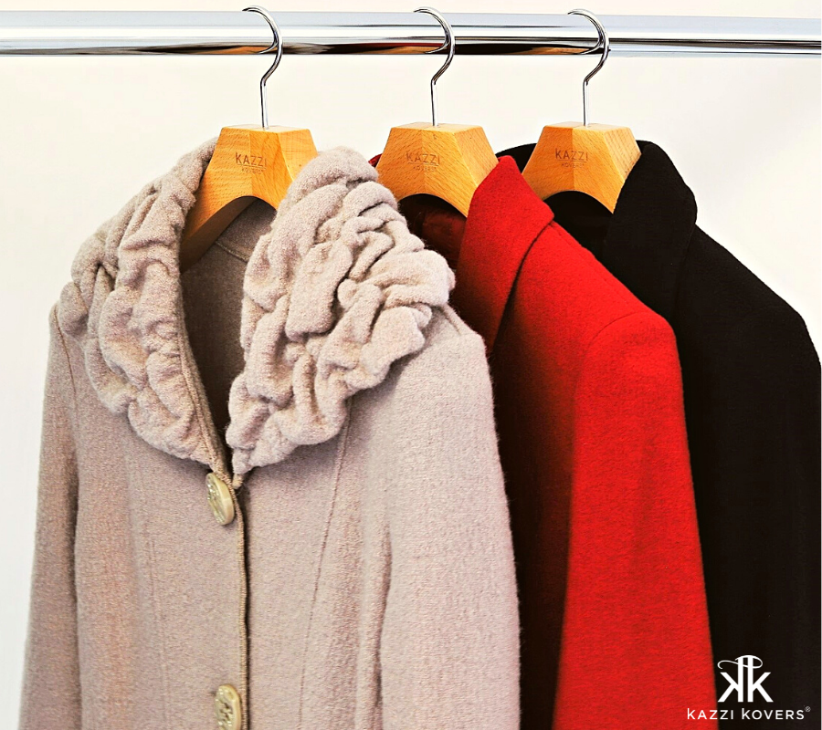 Luxury coat hangers with coloured wool coats