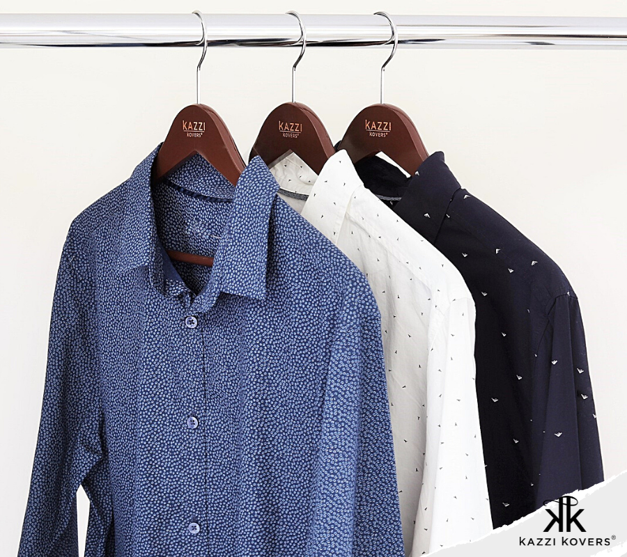 Mens long sleeve shirts on wooden hangers