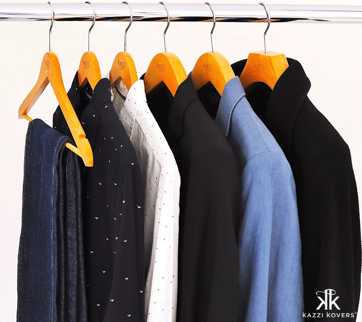 Different types of mens hangers for shirts, jackets, blazers, coats, and pants 