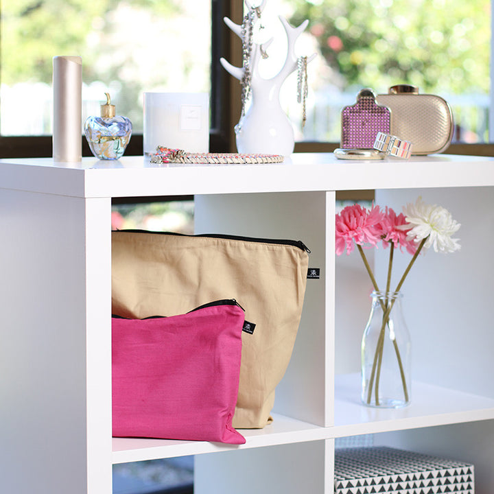 Latte Love & Fuchsia Fever with organised handbags on shelf