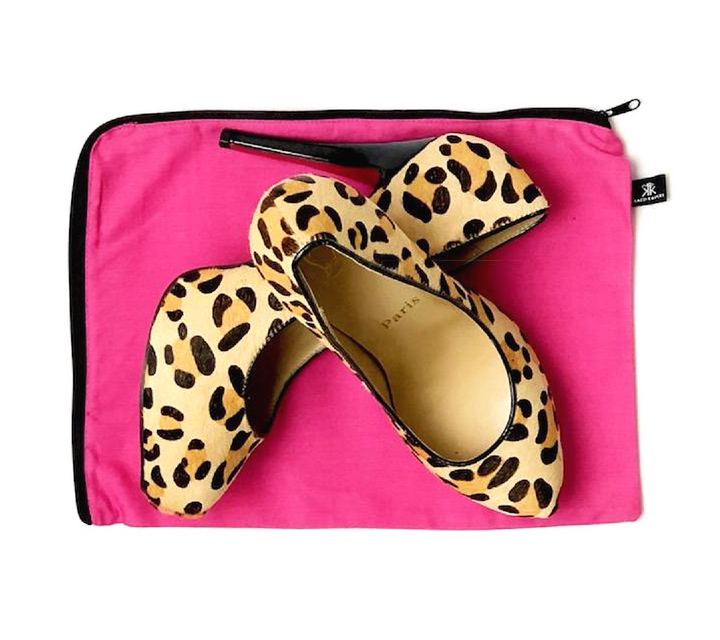 Leopard print shoes with pink shoe bag