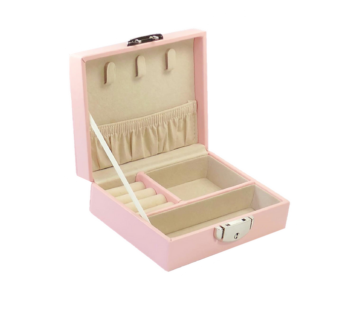 Pink jewellery case with four different compartments