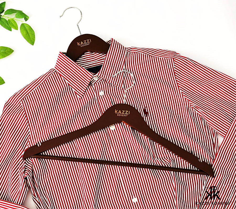 Premium clothes hangers with buttoned red and white shirt