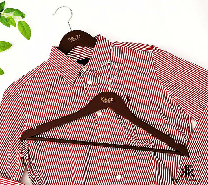 Premium clothes hangers with buttoned red and white shirt