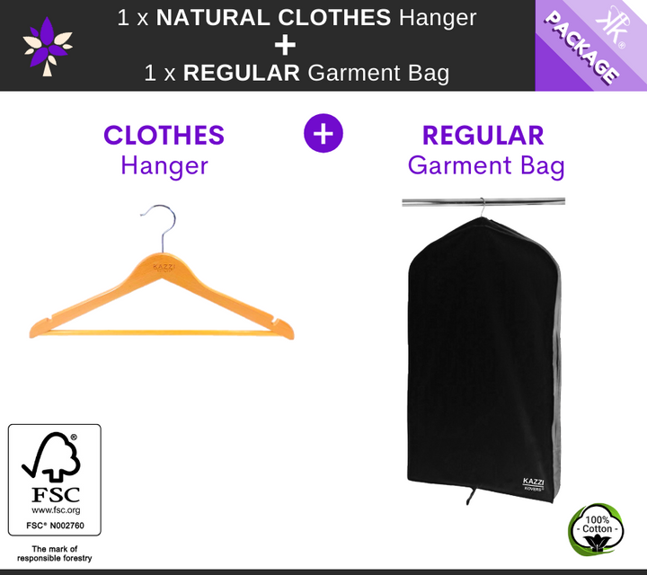 1 x REGULAR Black Garment Bag + 1 x  Natural CLOTHES Hanger | PACKAGE