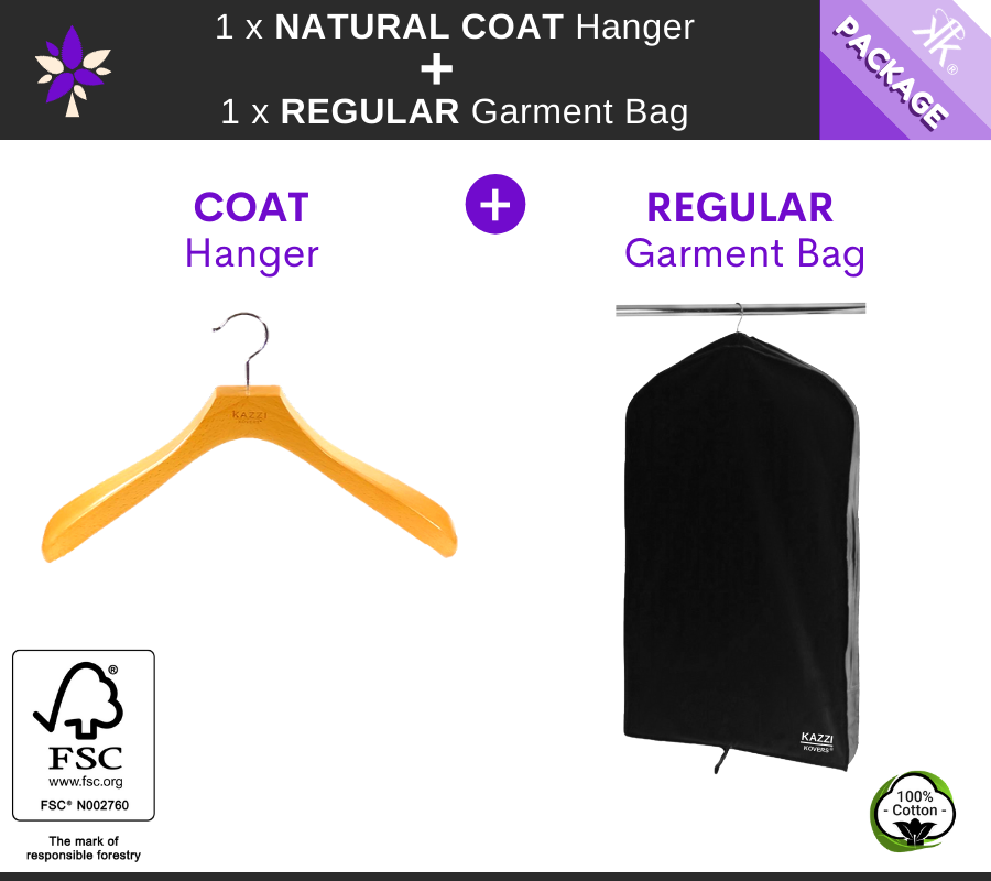 1 x REGULAR Black Garment Bag + 1 x Natural COAT Hanger | PACKAGE