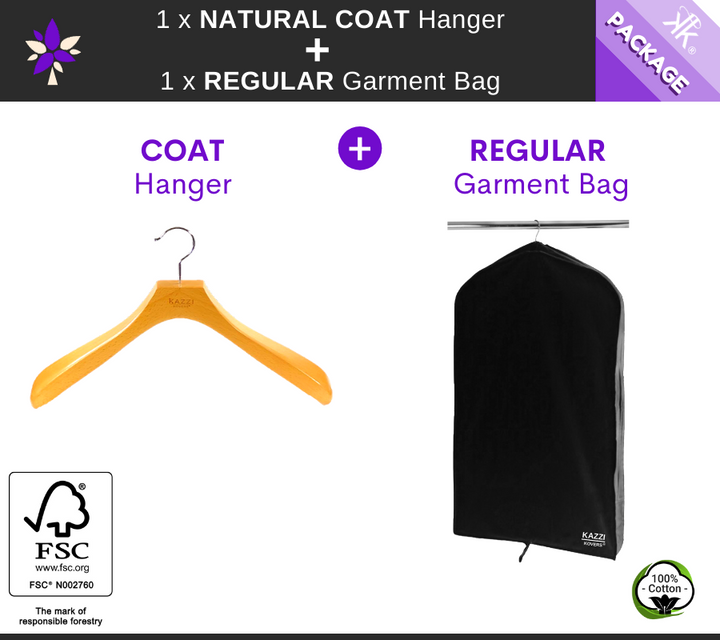 1 x REGULAR Black Garment Bag + 1 x Natural COAT Hanger | PACKAGE