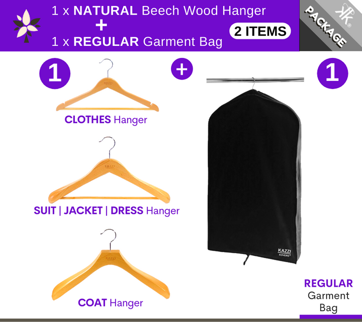 1 x REGULAR Black Garment Bag + 1 x NATURAL Hanger | European Beech Wood