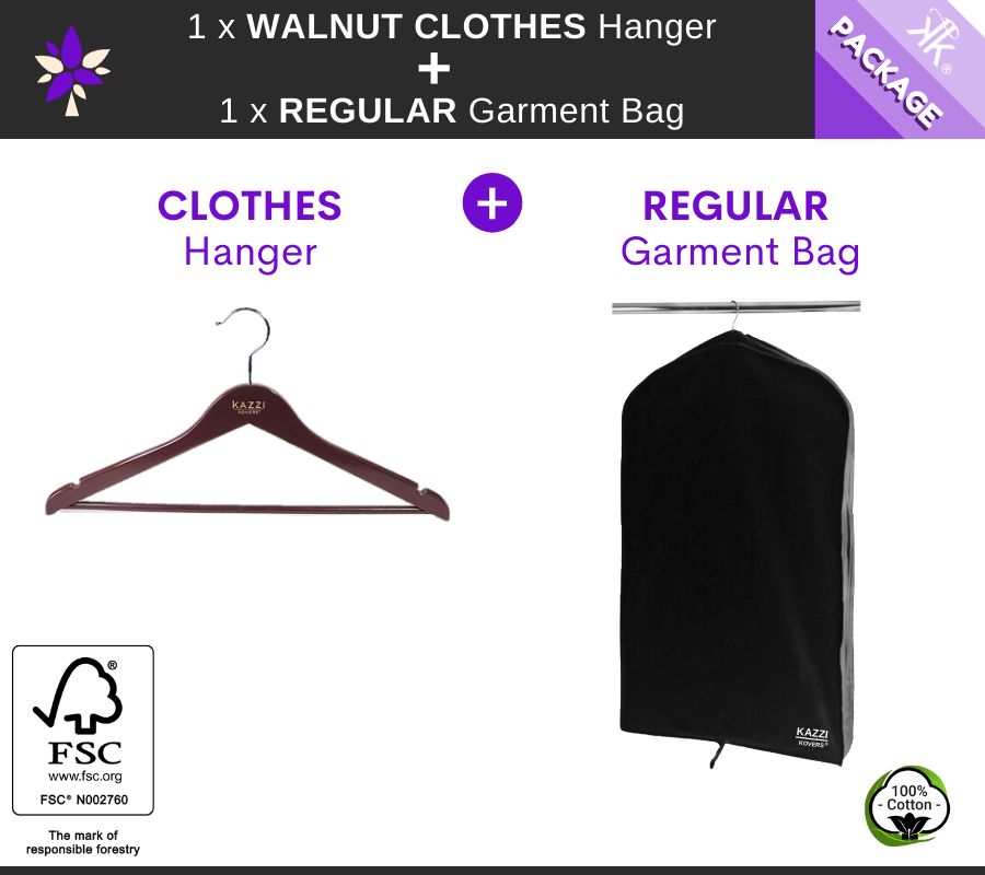 1 x REGULAR Black Garment Bag + 1 x Walnut CLOTHES Hanger | PACKAGE