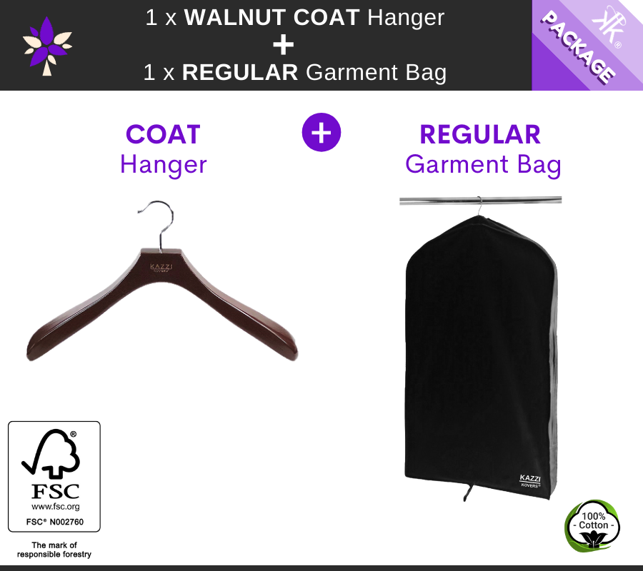 1 x REGULAR Black Garment Bag + 1 x Walnut COAT Hanger | PACKAGE