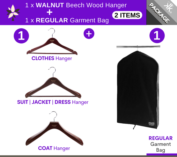 1 x REGULAR Black Garment Bag + 1 x WALNUT Hanger | European Beech Wood