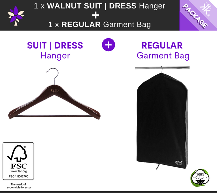 1 x REGULAR  Black Garment Bag + 1 x WALNUT Suit Dress Hanger | PACKAGE