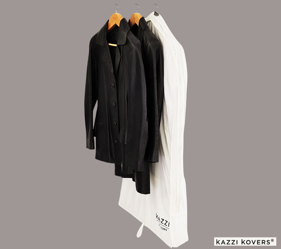 Regular garment bag with black leather jackets