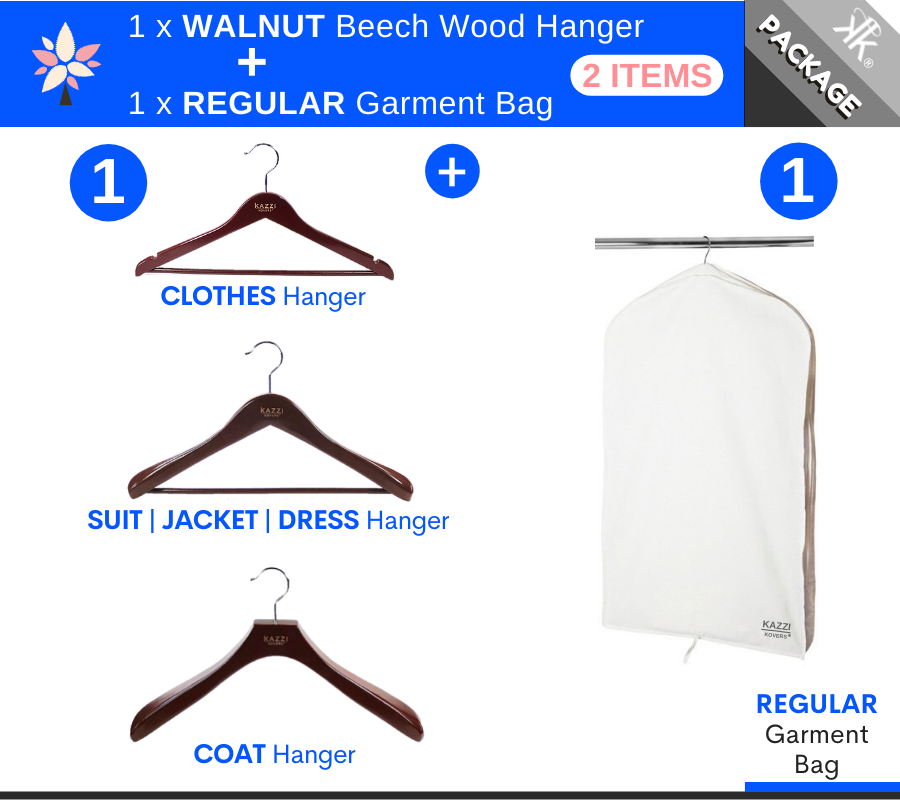 1 x REGULAR Garment Bag + 1 x Walnut Hanger PACKAGE