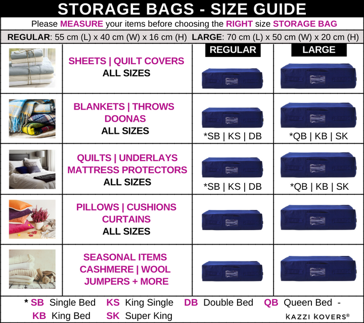 Storage Bags | Kazzi Kovers Size Guide