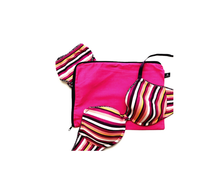 Stripped lingerie and underwear in pink cotton bag