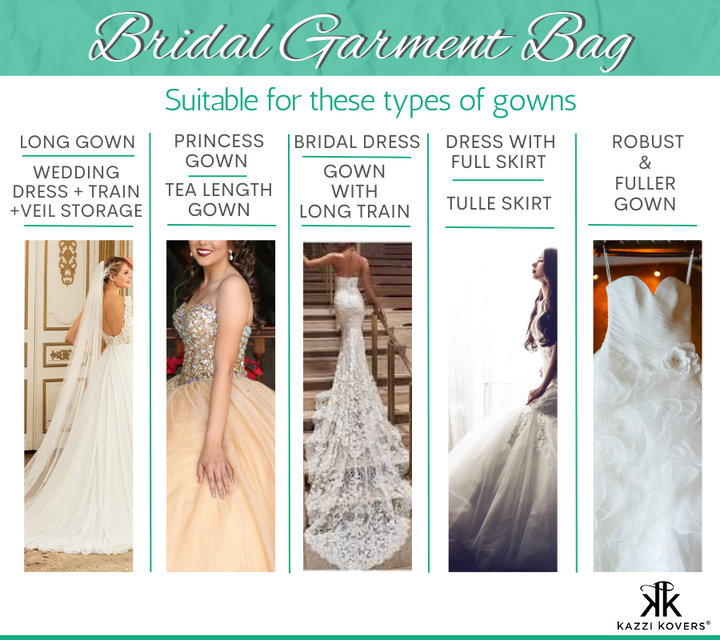 Kazzi Kovers bridal garment bag is perfect for long dresses, fuller gowns, gowns with long trains, tulle skirts and more.