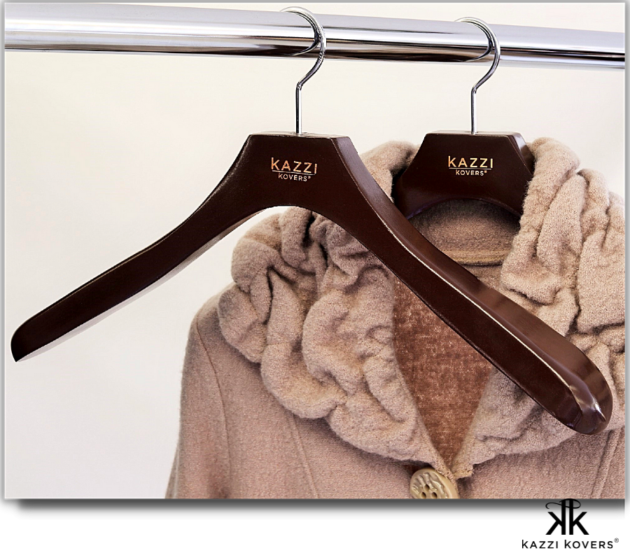 Beige wood coat with stylish Kazzi Kovers walnut coat hangers