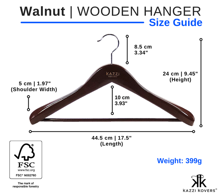 Walnut Wooden Hanger Size Guide | Kazzi Kovers