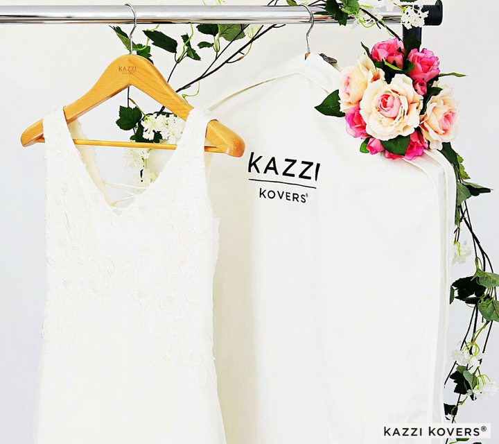 Kazzi Kovers long wedding dress bag with wooden hanger and pretty flowers