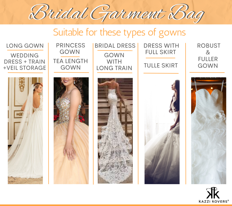 Different types of wedding gowns that can be stored in the Kazzi Kovers Bridal Garment Bag