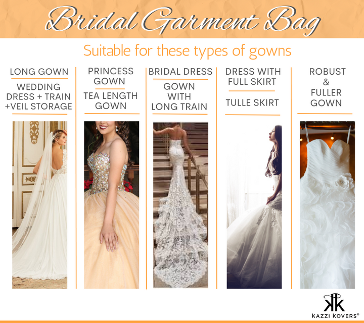 Different types of wedding gowns that can be stored in the Kazzi Kovers Bridal Garment Bag