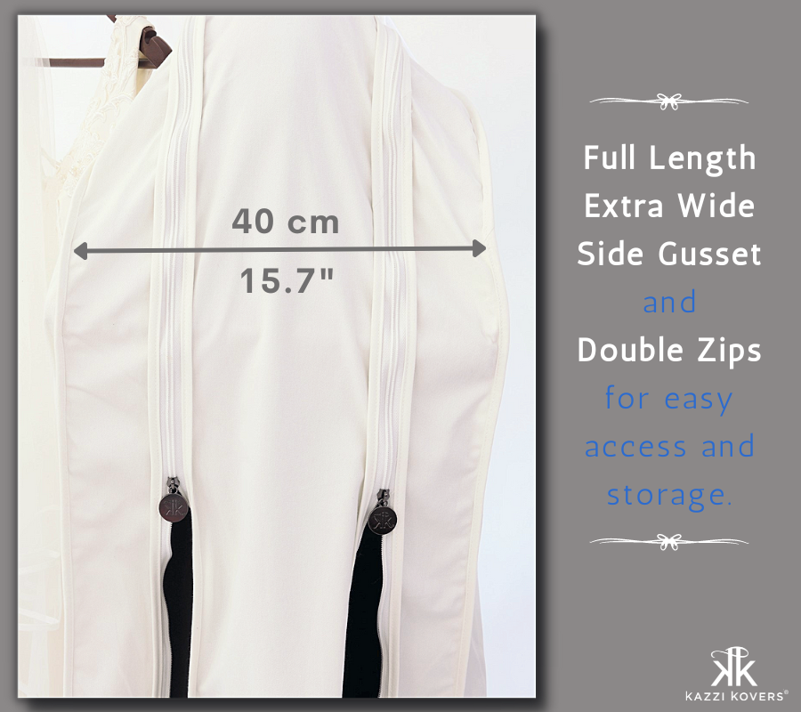 Generous full length wide gusset and panels to effortlessly insert and remove your gown