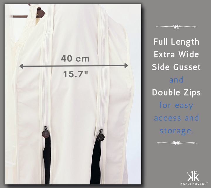 Generous full length wide gusset and panels to effortlessly insert and remove your gown